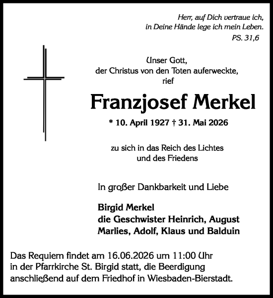 Traueranzeige von Franzjosef Merkel von Wiesbadener Kurier