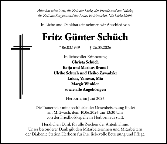 Traueranzeige von Fritz Günter Schüch von Dill Block