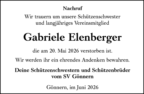 Traueranzeige von Gabriele Elenberger von Hinterländer Anzeiger