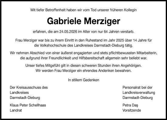 Traueranzeige von Gabriele Merziger von Darmstädter Echo