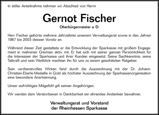 Traueranzeige von Gernot Fischer von Allgemeine Zeitung Alzey