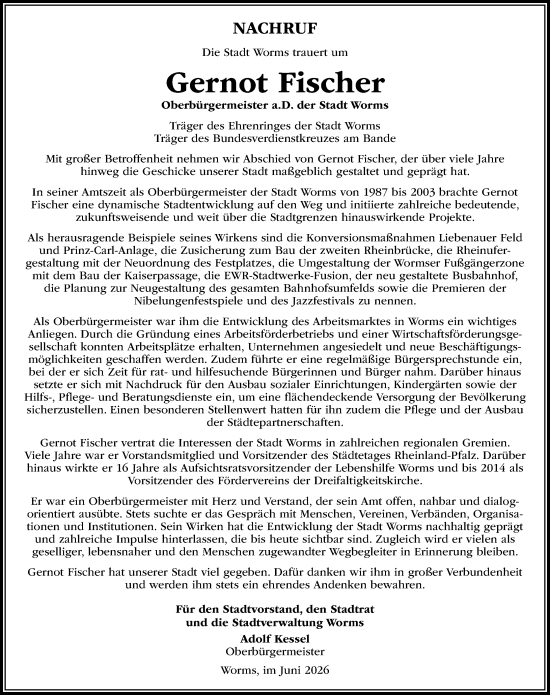 Traueranzeige von Gernot Fischer von Wormser Zeitung