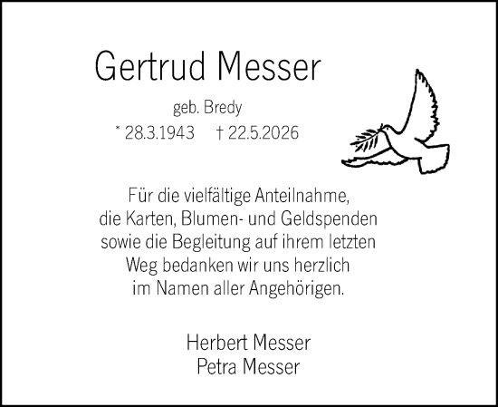 Traueranzeige von Gertrud Messer von Hochheimer Zeitung