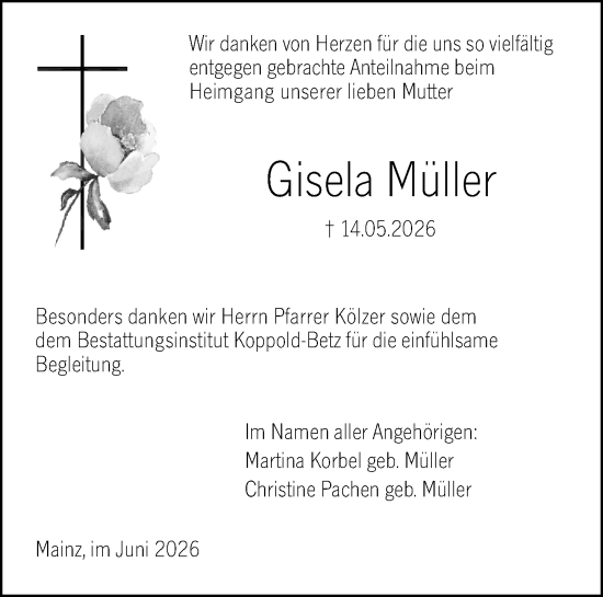 Traueranzeige von Gisela Müller von Allgemeine Zeitung Mainz