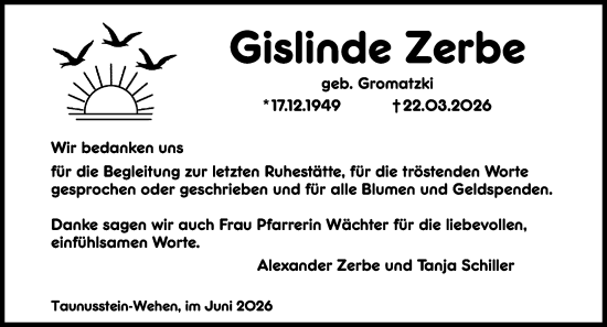 Traueranzeige von Gislinde Zerbe von Rheingau-Taunus-Kreis Wochenblatt
