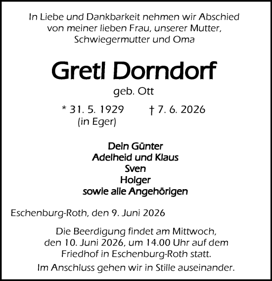Traueranzeige von Gretl Dorndorf von Dill Block