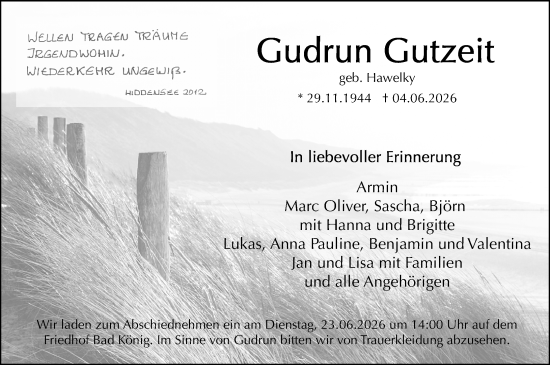 Traueranzeige von Gudrun Gutzeit von Odenwälder Echo