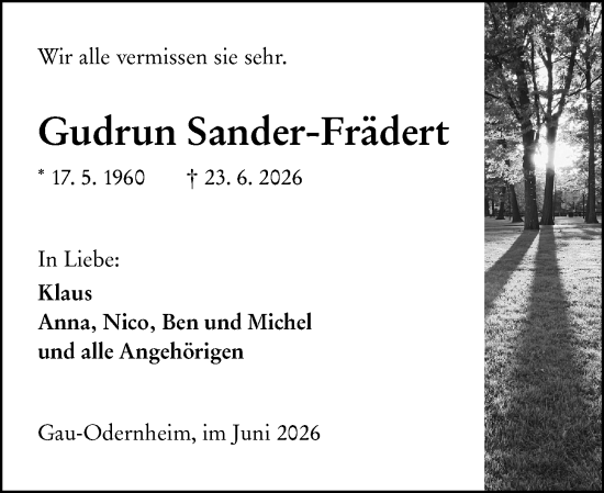 Traueranzeige von Gudrun Sander-Frädert von Allgemeine Zeitung Alzey
