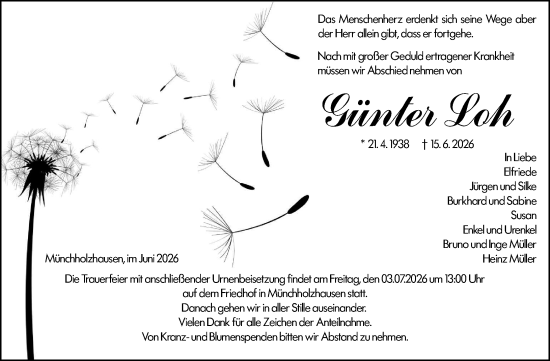 Traueranzeige von Günter Loh von Wetzlarer Neue Zeitung