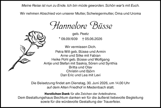 Traueranzeige von Hannelore Büsse von Dill Block