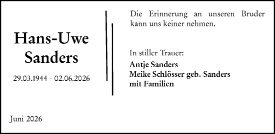 Traueranzeige von Hans-Uwe Sanders von Weilburger Tageblatt