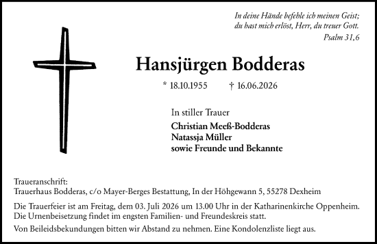 Traueranzeige von Hansjürgen Bodderas von Allgemeine Zeitung Rheinhessen-Nahe