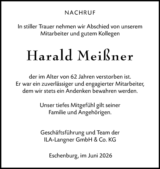 Traueranzeige von Harald Meißner von Dill Block