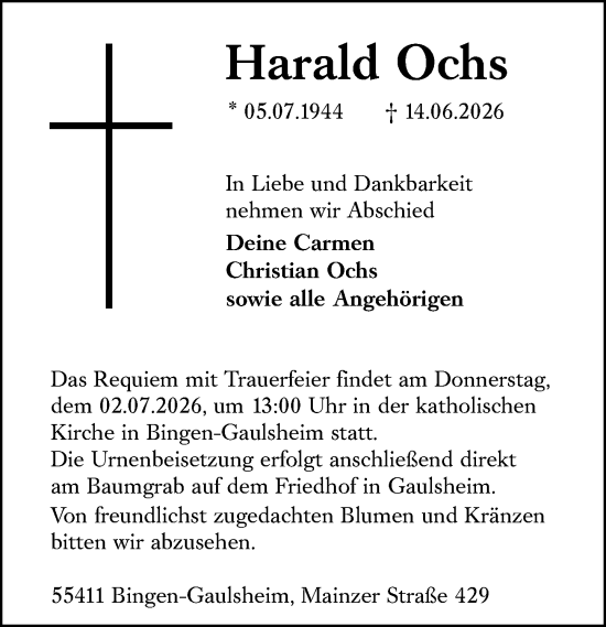 Traueranzeige von Harald Ochs von Binger-/Ingelheimer Wochenblatt