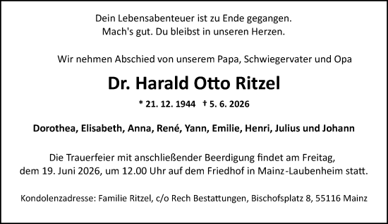 Traueranzeige von Harald Otto Ritzel von Wiesbadener Kurier