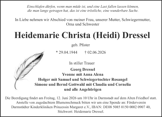 Traueranzeige von Heidemarie Christa Dressel von Darmstädter Echo