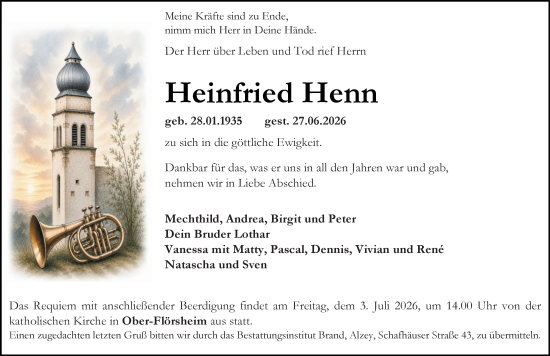 Traueranzeige von Heinfried Henn von Allgemeine Zeitung Alzey