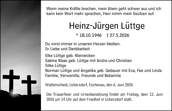 Traueranzeige von Heinz-Jürgen Lüttge von Dill Block