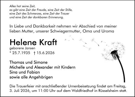 Traueranzeige von Helene Kraft von Rüsselsheimer Echo