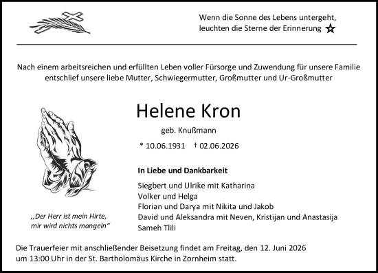 Traueranzeige von Helene Kron von Allgemeine Zeitung Mainz