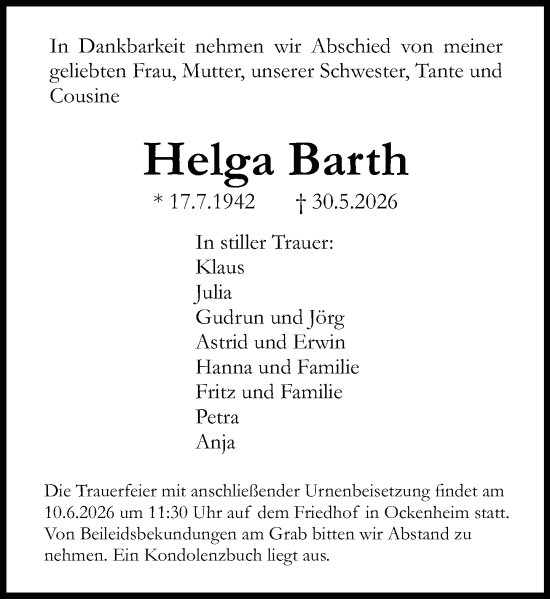 Traueranzeige von Helga Barth von Allgemeine Zeitung Rheinhessen-Nahe