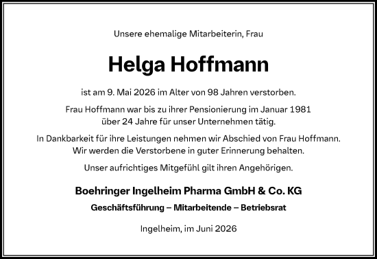 Traueranzeige von Helga Hoffmann von Allgemeine Zeitung Rheinhessen-Nahe