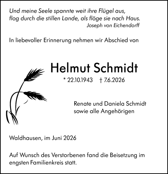 Traueranzeige von Helmut Schmidt von Weilburger Tageblatt