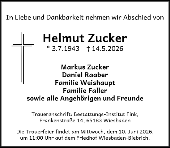 Traueranzeige von Helmut Zucker von Wiesbadener Kurier