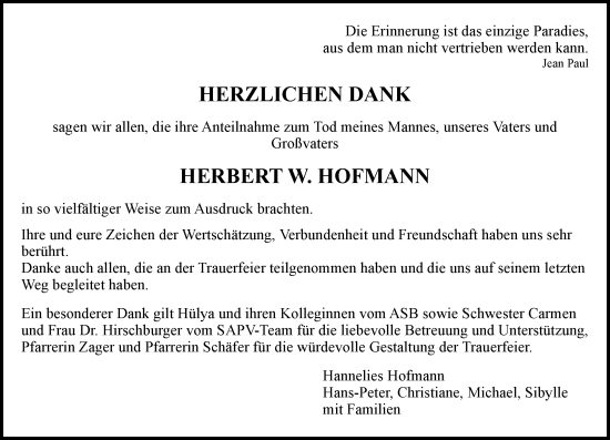 Traueranzeige von Herbert W. Hofmann von Wormser Zeitung