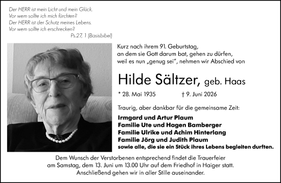 Traueranzeige von Hilde Sältzer von Hinterländer Anzeiger