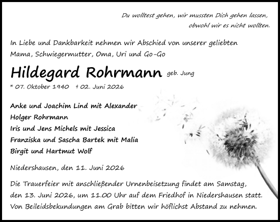 Traueranzeige von Hildegard Rohrmann von Weilburger Tageblatt