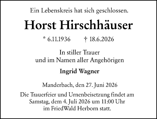 Traueranzeige von Horst Hirschhäuser von Dill Block