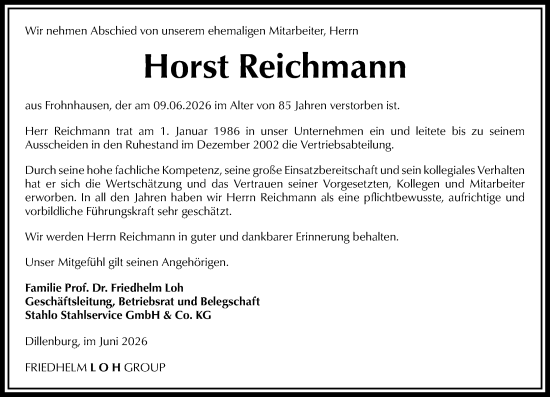 Traueranzeige von Horst Reichmann von Dill Block