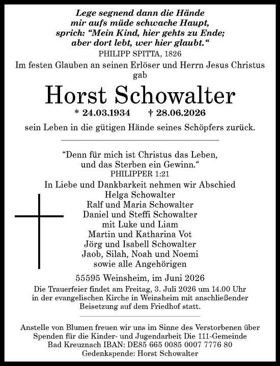 Traueranzeige von Horst Schowalter von Allgemeine Zeitung Rheinhessen-Nahe