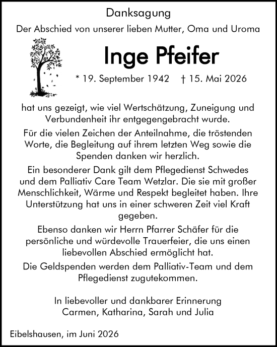 Traueranzeige von Inge Pfeifer von Dill Block