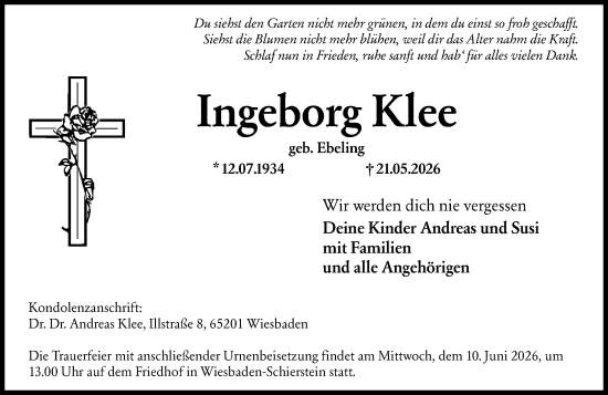 Traueranzeige von Ingeborg Klee von Wiesbadener Kurier