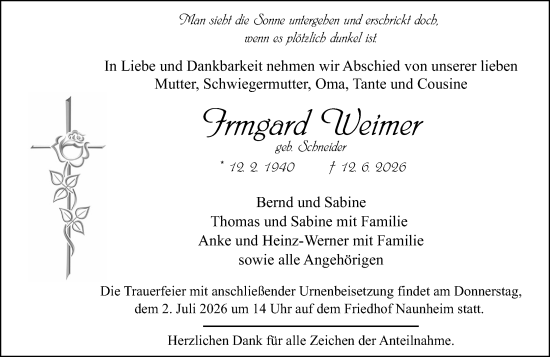 Traueranzeige von Irmgard Weimer von Wetzlarer Neue Zeitung