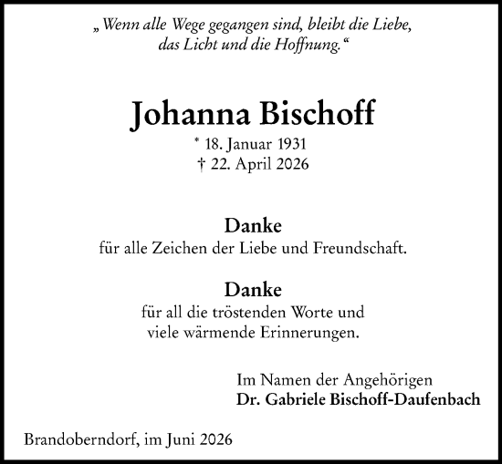 Traueranzeige von Johanna Bischoff von Wetzlarer Neue Zeitung