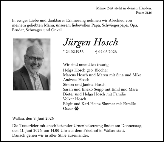 Traueranzeige von Jürgen Hosch von Hinterländer Anzeiger