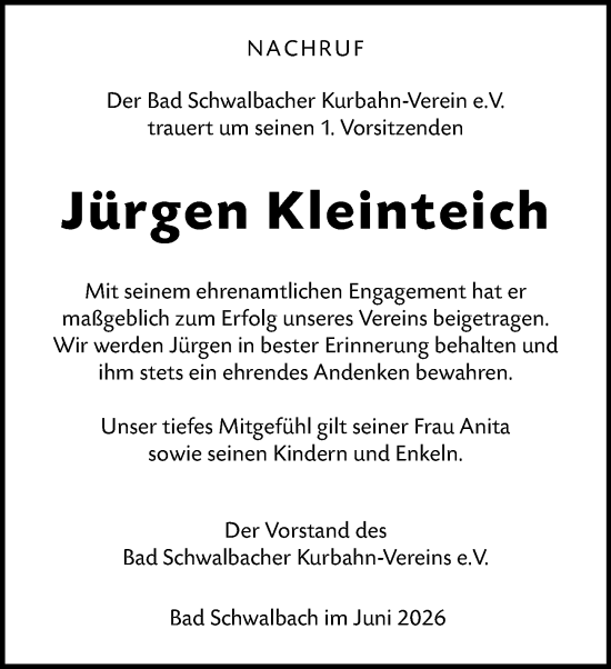 Traueranzeige von Jürgen Kleinteich von Idsteiner Land/Untertaunus