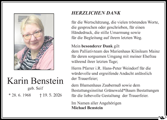 Traueranzeige von Karin Benstein von Allgemeine Zeitung Mainz