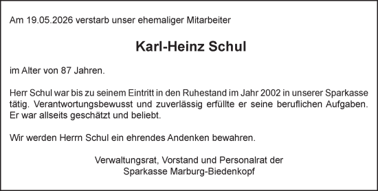 Traueranzeige von Karl-Heinz Schul von Hinterländer Anzeiger