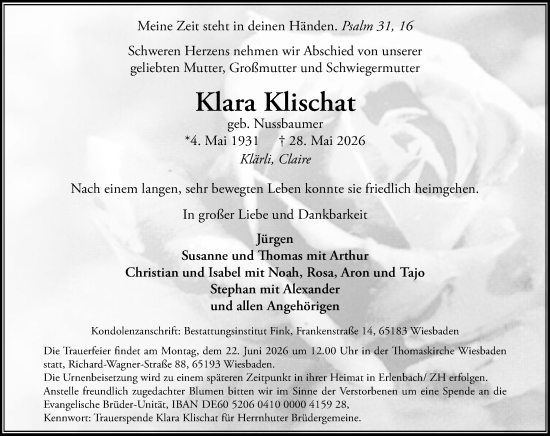 Traueranzeige von Klara Klischat von Wiesbadener Kurier