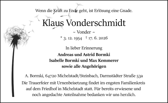 Traueranzeige von Klaus Vonderschmidt von Odenwälder Echo