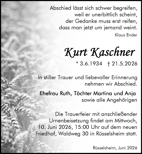 Traueranzeige von Kurt Kaschner von Rüsselsheimer Echo