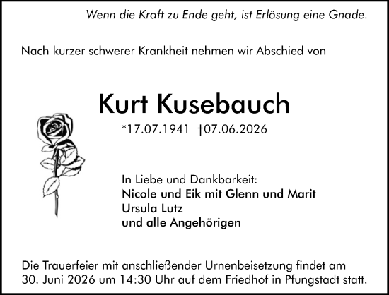 Traueranzeige von Kurt Kusebauch von Darmstädter Echo