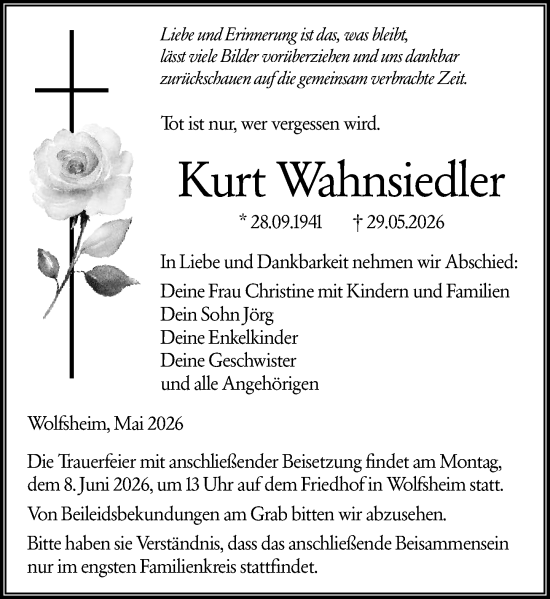 Traueranzeige von Kurt Wahnsiedler von Allgemeine Zeitung Rheinhessen-Nahe