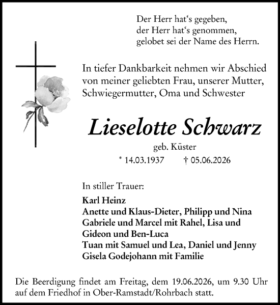 Traueranzeige von Lieselotte Schwarz von Darmstädter Echo