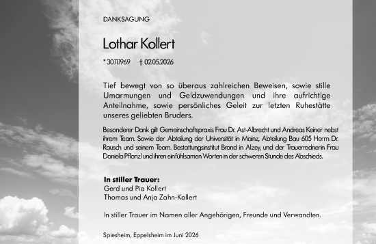 Traueranzeige von Lothar Kollert von Allgemeine Zeitung Alzey