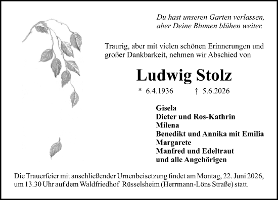 Traueranzeige von Ludwig Stolz von Rüsselsheimer Echo
